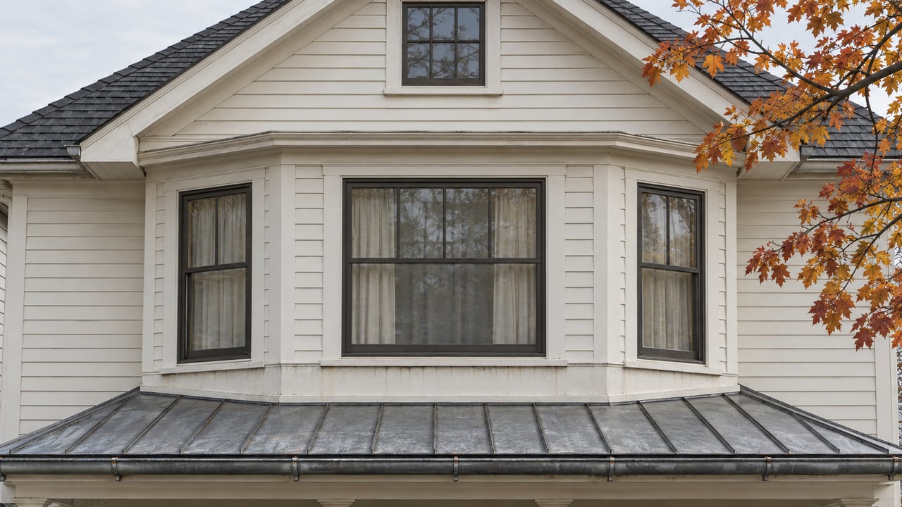 Ivory clapboard home with a glazed upper bay, dark gabled roof and weathered zinc porch roof beside amber sugar maple leaves.