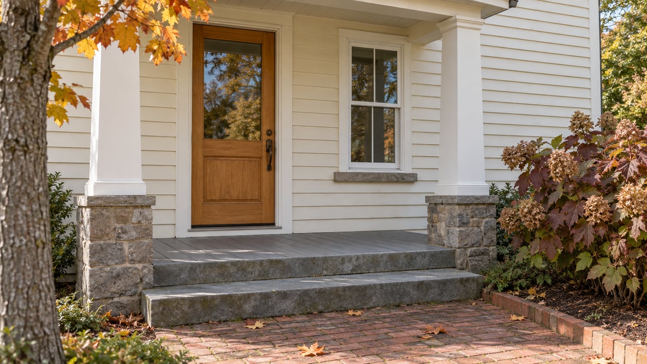 Cream clapboard cottage entry with a timber door, covered porch, bluestone steps, brick path and autumn foliage.