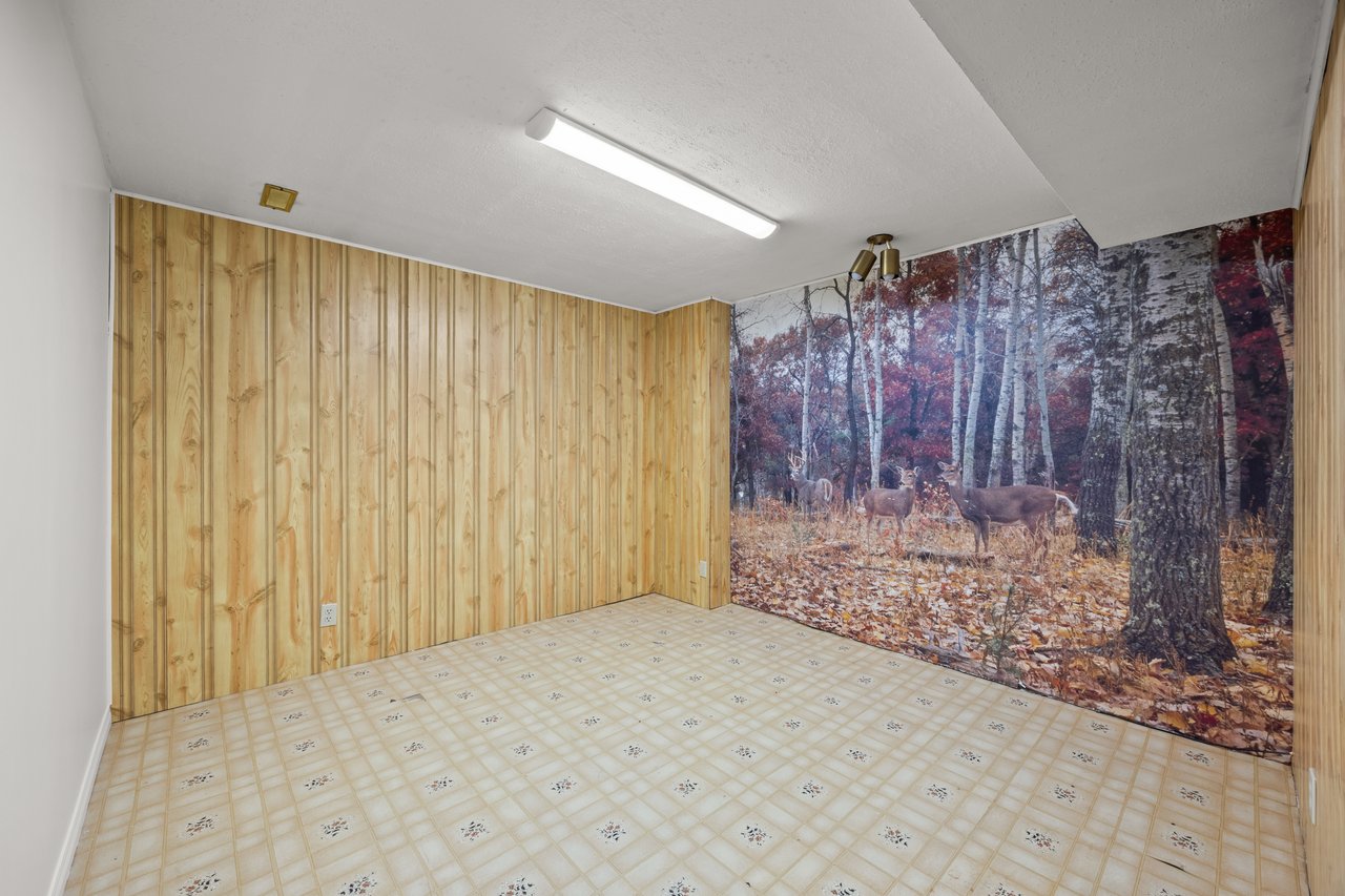 Empty basement room with wood-paneled walls, patterned flooring, and a deer forest mural.