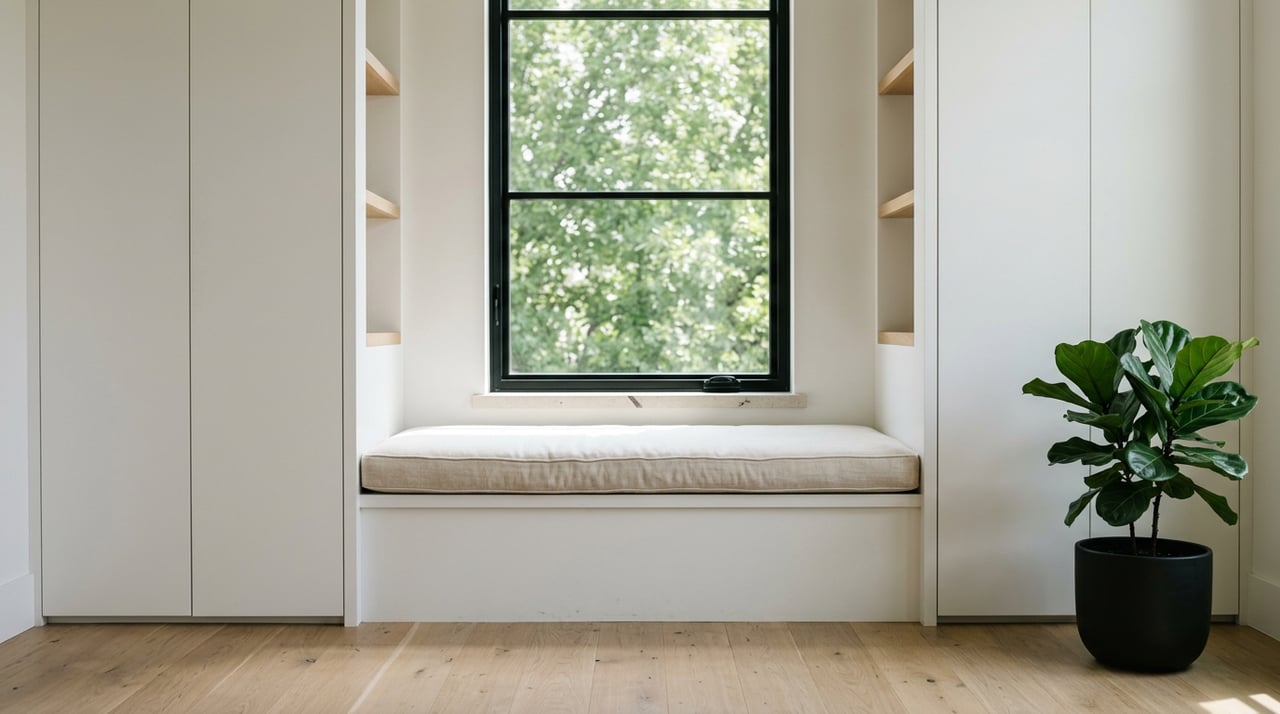 Linen-cushioned window seat between white built-ins, with oak shelves, a black steel window, and leafy greenery.