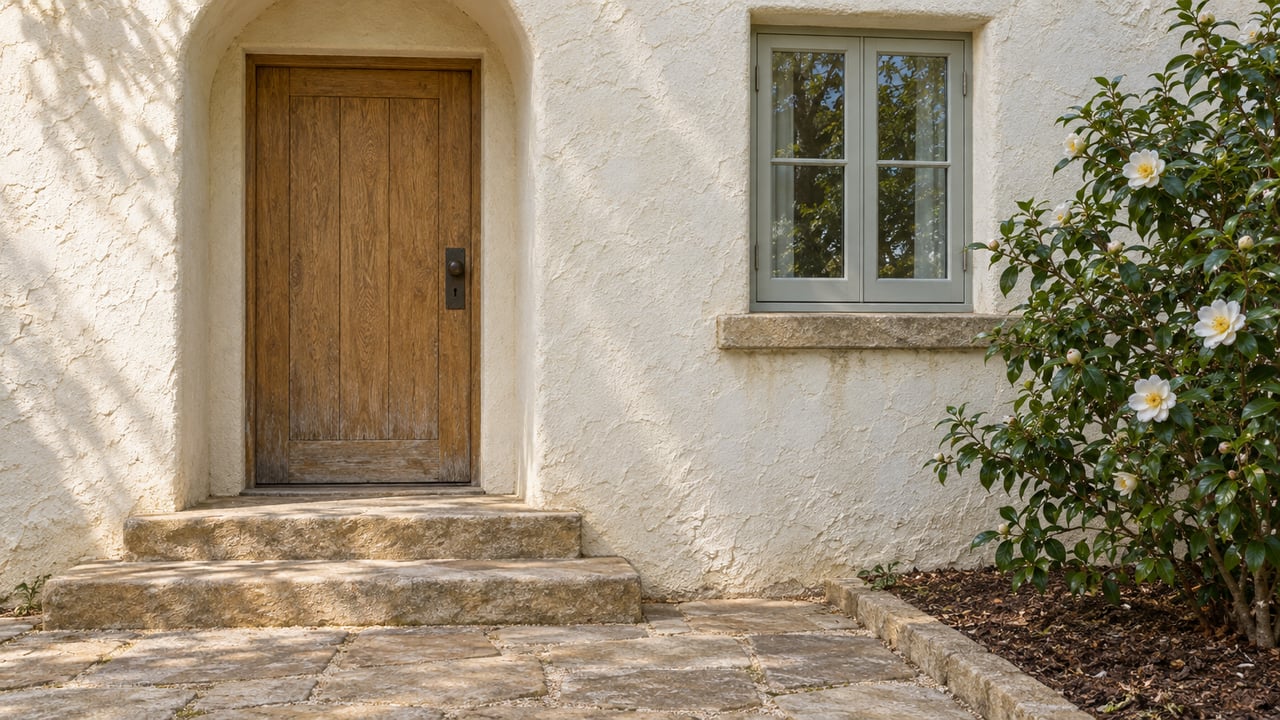 Weathered oak cottage door recessed in cream stucco, beside a closed timber casement window and white-flowering camellia, above worn sandstone steps.
