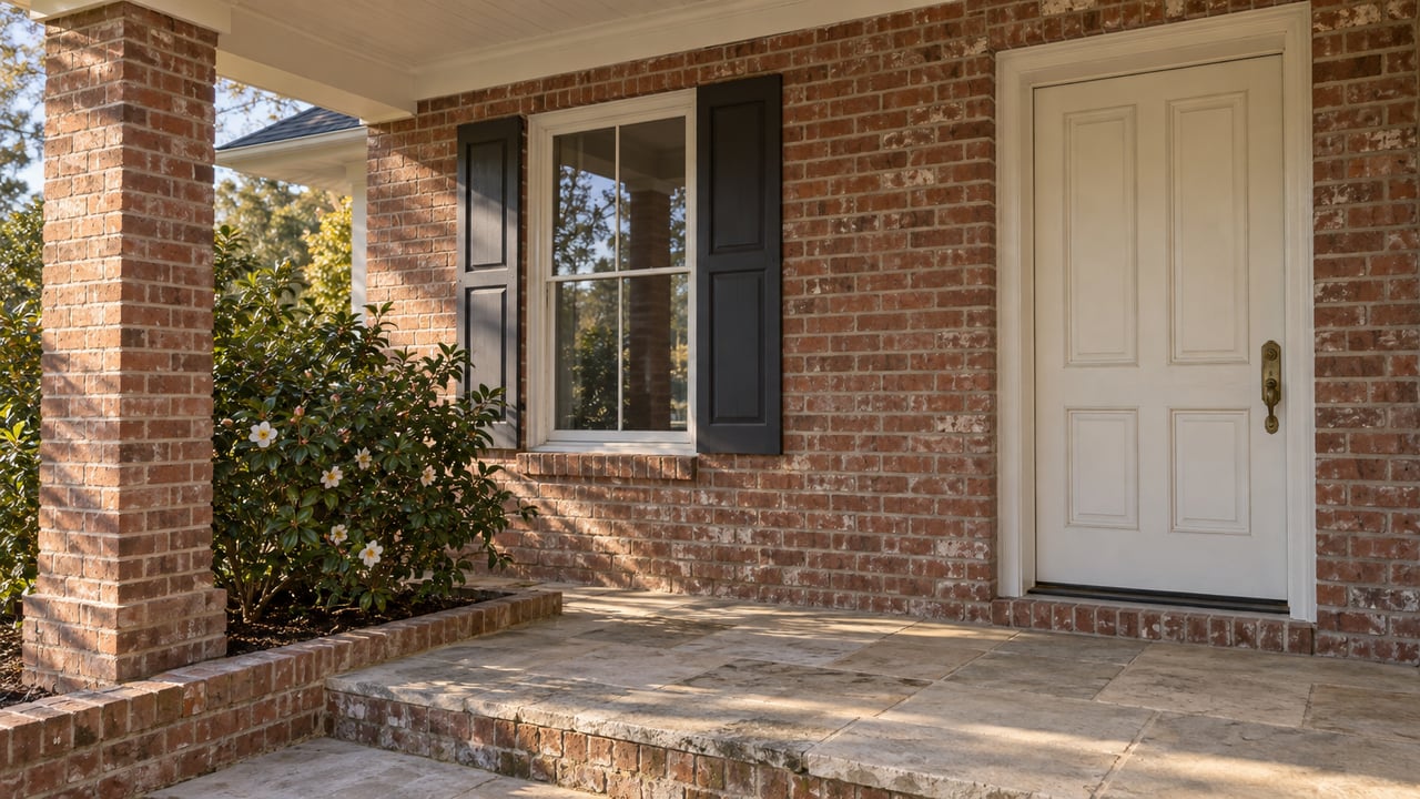 Brick house porch with a recessed door, shuttered window, limestone paving, and camellia flowers.