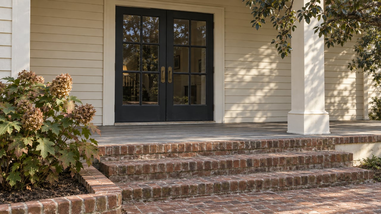 Cream lap-sided home entrance with black French doors, a covered wood porch, brick steps and an oakleaf hydrangea in morning light.