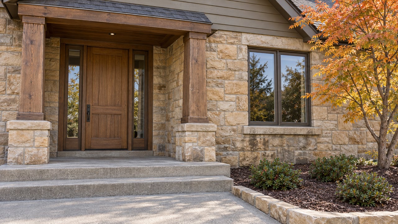 A sandstone-clad home entry with paired timber porch posts, an oak door and orange-gold maple leaves beside broad concrete steps.