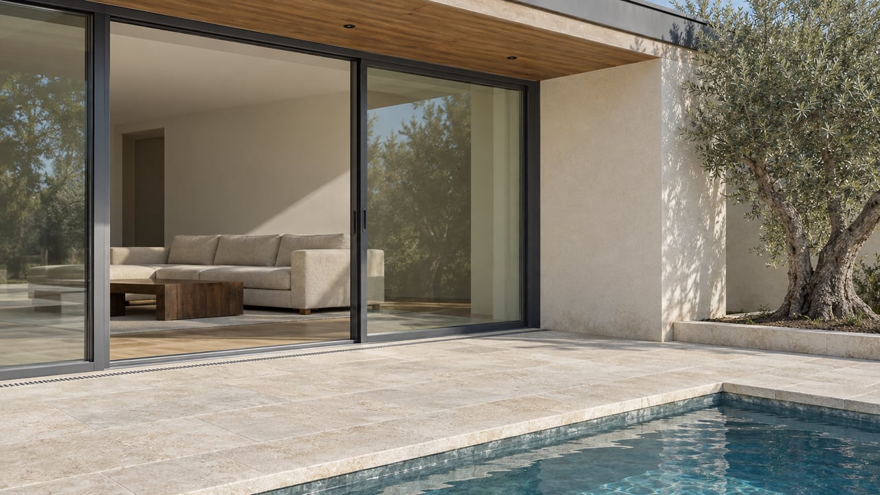 Sunlit limestone terrace beside a charcoal-framed glazed living room, with a cropped pool corner and one sculptural olive tree.