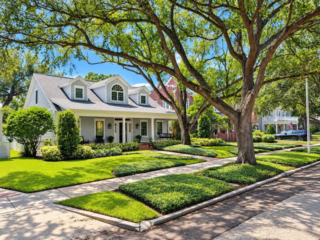 Gray Cape Cod-style home with white trim and dormers beneath a large oak tree.