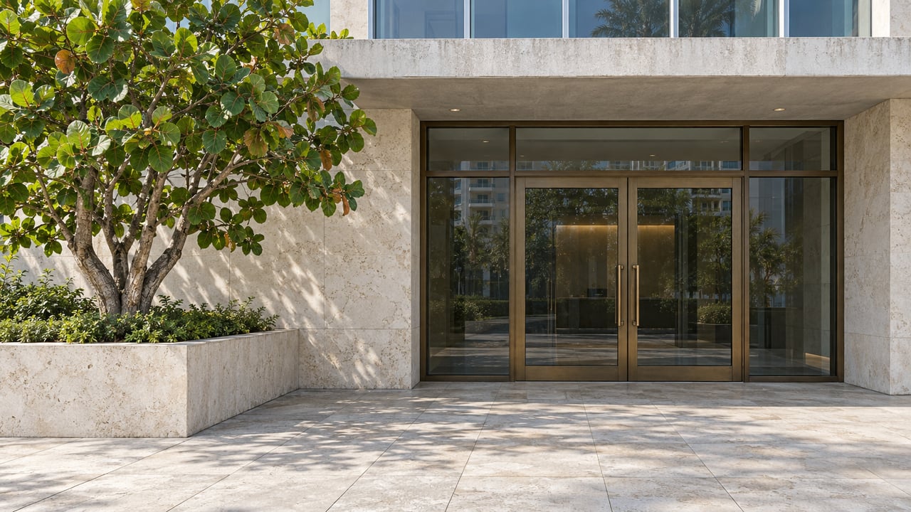 Pale limestone entrance to a residential tower, with closed bronze-framed glass doors and a sea-grape tree in a raised stone planter.