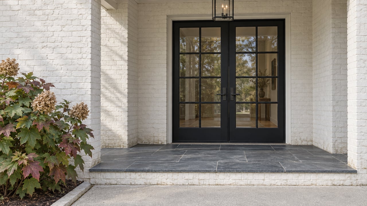 Warm-white brick entrance with paired black divided-light doors, a slate porch landing and an oakleaf hydrangea showing autumn color.