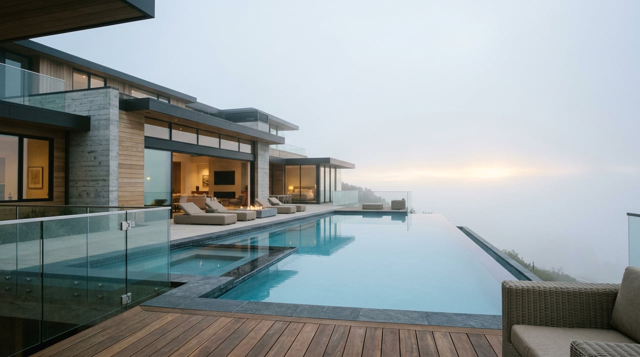 Contemporary stucco-and-glass home above a dark infinity pool, framed by an olive tree and tall palm.