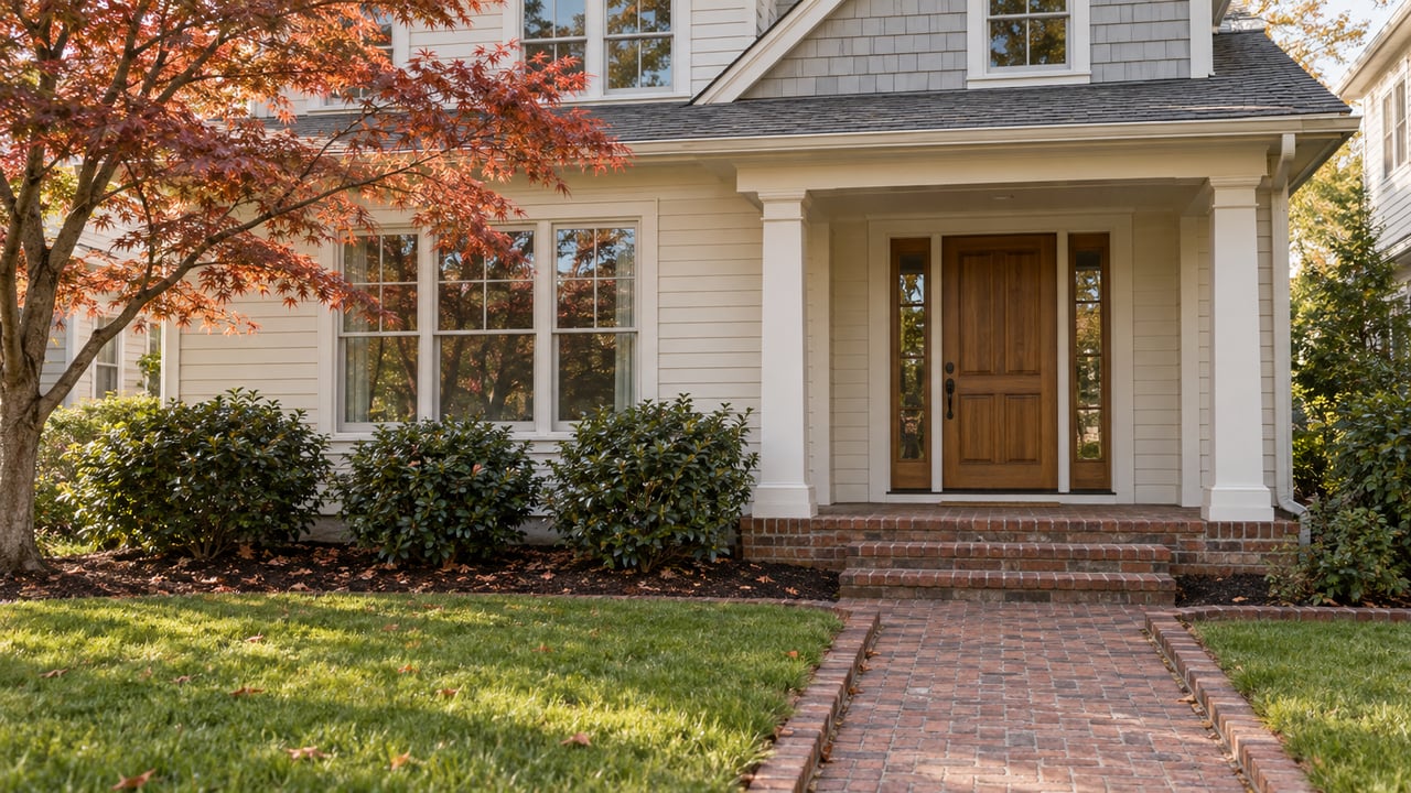 Ivory-sided home with a covered brick entry, oak door, clipped lawn and a copper-leaved Japanese maple.