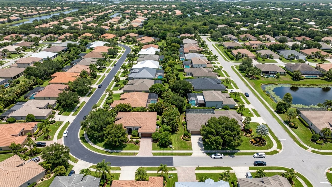 Aerial view of a leafy neighborhood with single-story homes, curving streets, and ponds.