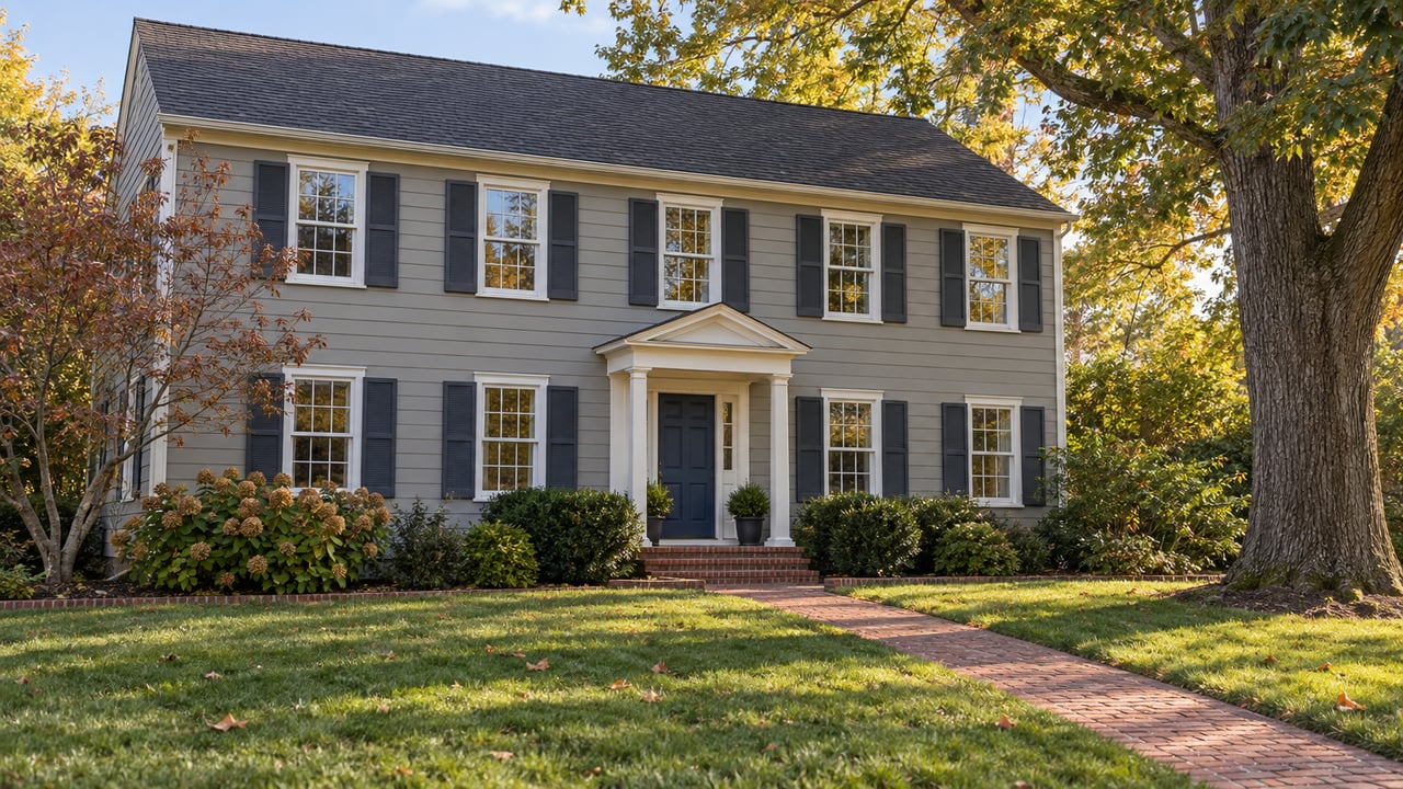 Classic gray-sided home with a white pedimented entry, brick approach, broad lawn, and mature oak in autumn afternoon light.