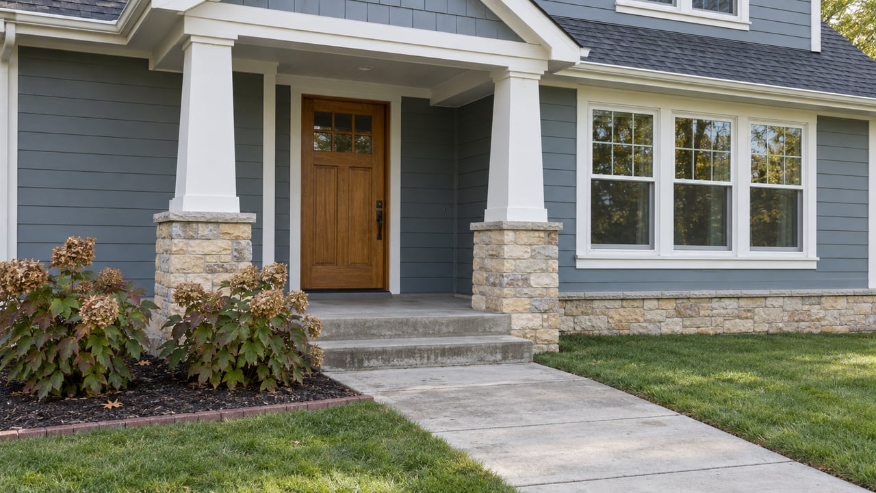 Blue-gray gabled home with limestone porch bases, a natural wood entry door, and autumn oakleaf hydrangeas beside a concrete approach.