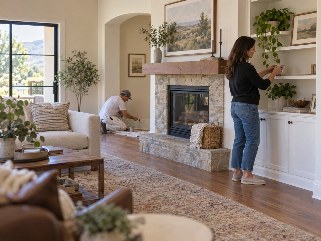 A homeowner prepares a living space for sale while a finishing professional completes a small trim correction before the property is photographed.