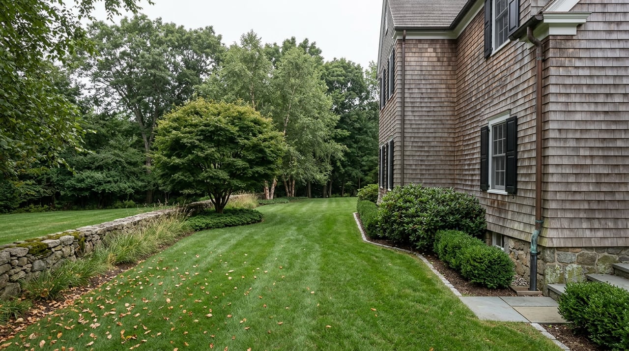 Shingle-sided home beside a broad mown lawn, low fieldstone wall, and mature trees.