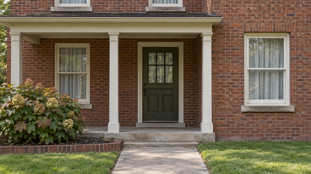 Older red-brick house with an olive door, flanking sash windows, and a hydrangea beside the concrete walk.