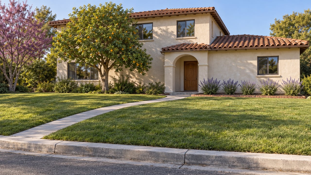 Sunlit stucco home with terracotta roof tiles, a deep front lawn, curved concrete entry walk and mature citrus tree.