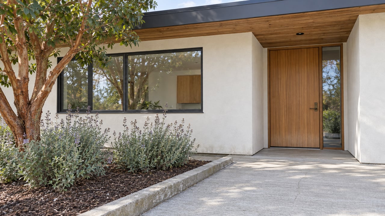Updated single-story home with off-white stucco, a recessed wood front door, broad glazing, and a concrete approach beside a mature strawberry tree.