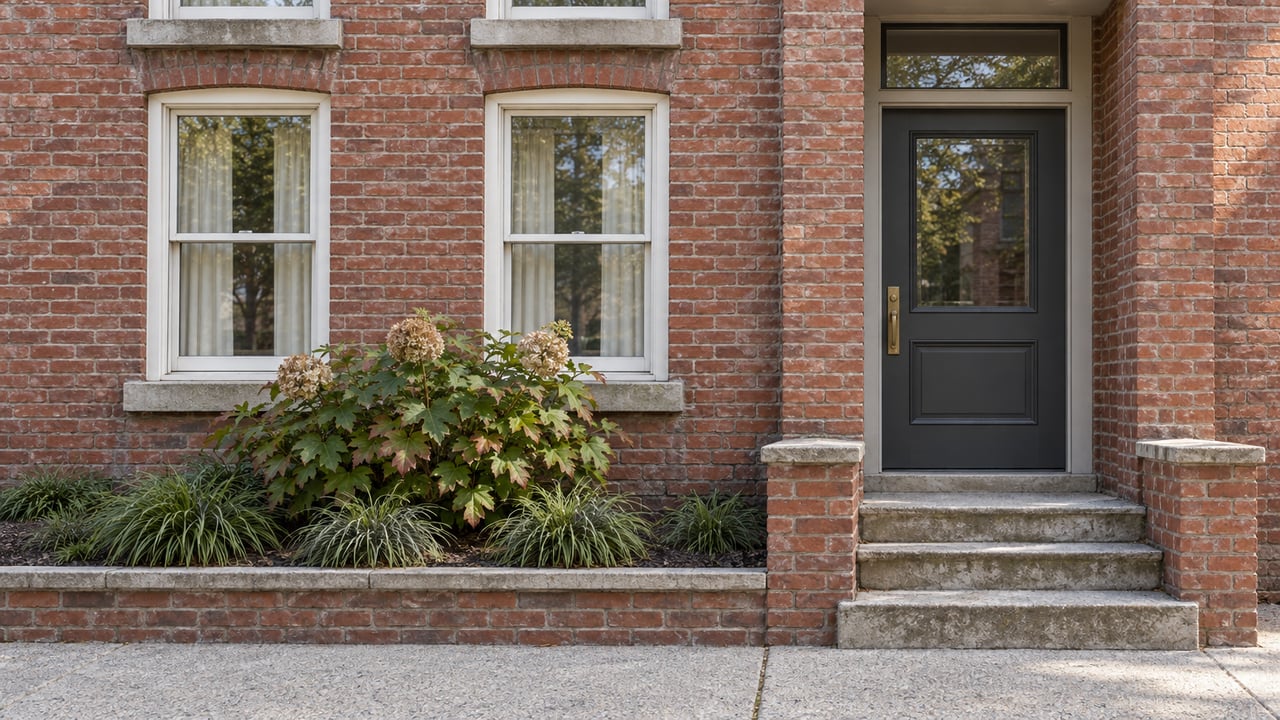 Brick condo entrance with charcoal door, white sash windows, weathered stone steps and oakleaf hydrangea beside a paved sidewalk.