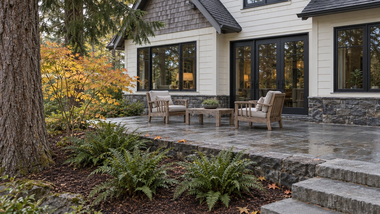 White-sided home with a cedar-shingled gable, stone terrace, weathered teak chairs and autumn vine maple beside a mature Douglas fir.