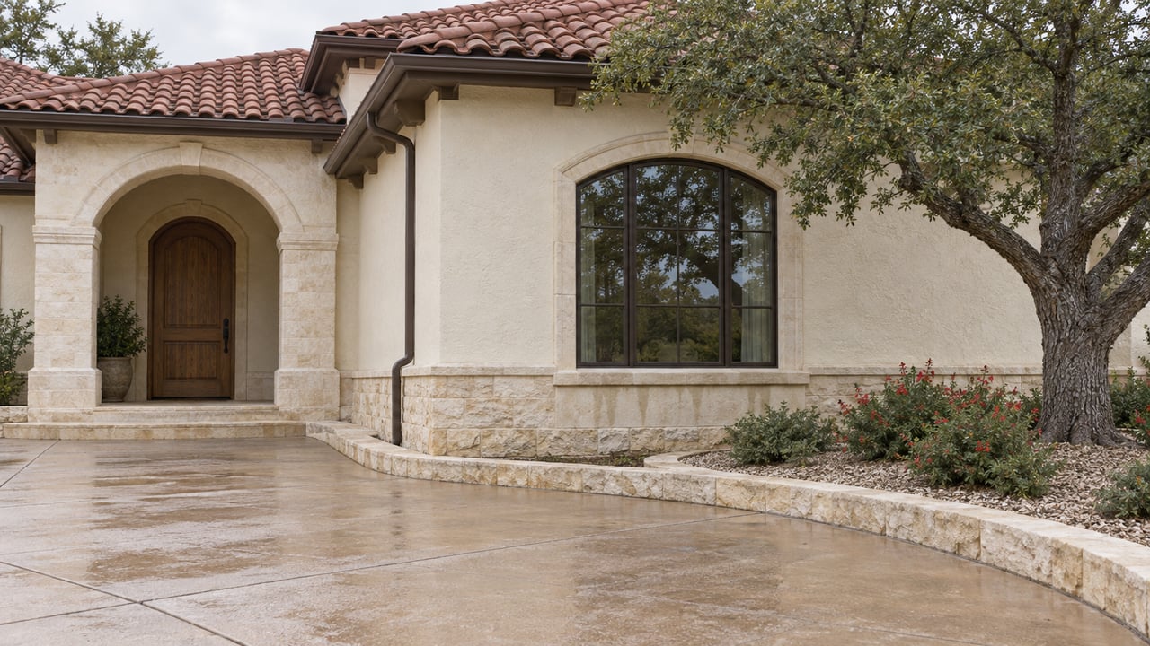 Cream stucco home with red clay roof tiles, an arched window and recessed oak entry beside a rain-damp curved limestone-edged driveway.