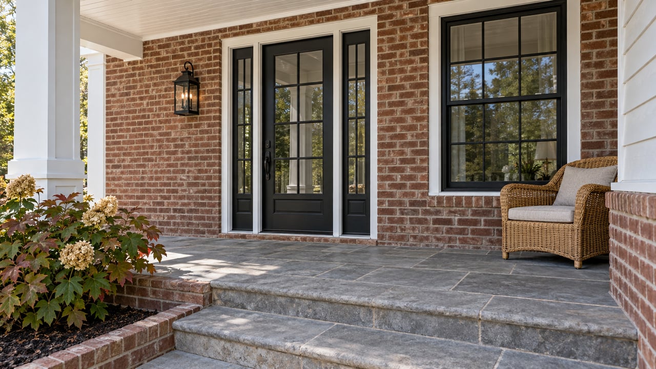 Brick home entry with black glazed door and matching sidelights, a woven chair, gray stone steps and oakleaf hydrangea.