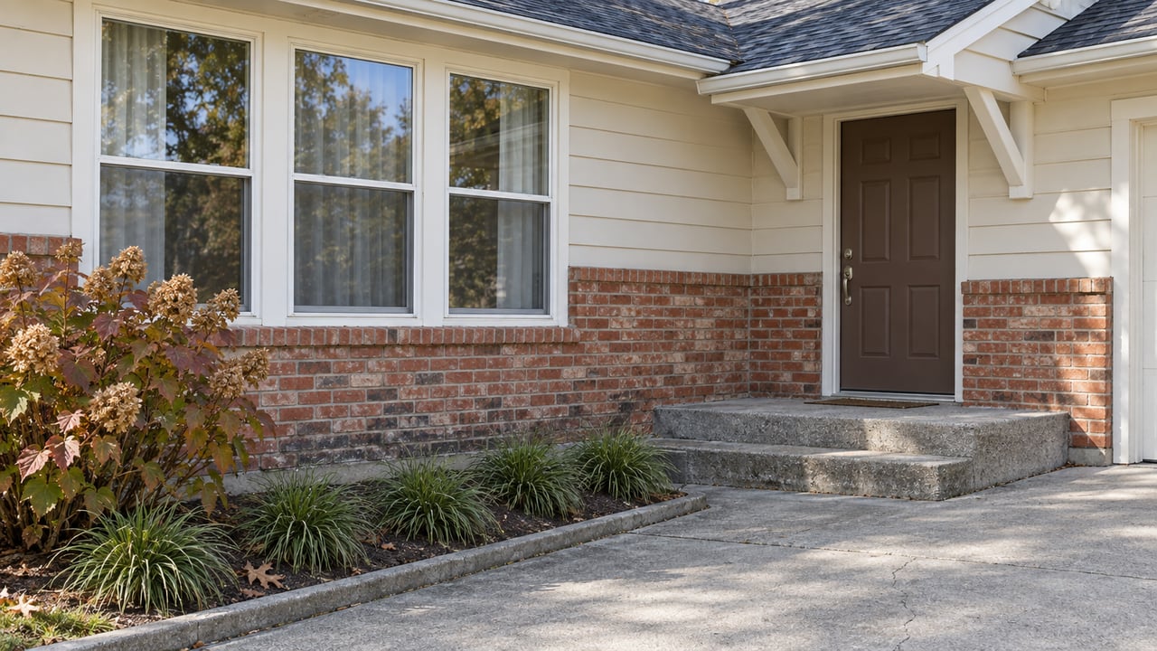 Brick and ivory-sided raised-ranch entry with broad concrete steps, grouped windows and russet oakleaf hydrangea foliage.