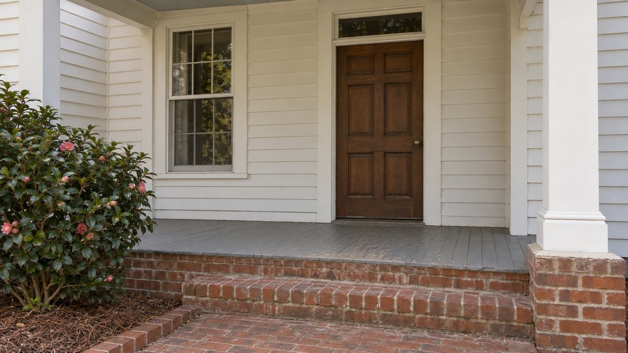 White clapboard house entry with a dark wooden door, brick steps, and a flowering shrub.