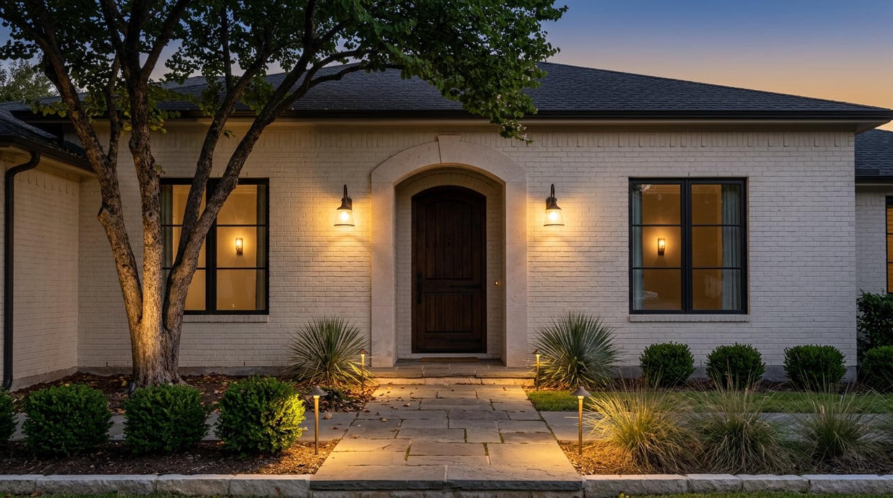 Cream-brick home with an arched wood-and-iron entry, warm sconces, and a stone walk lined with path lights.