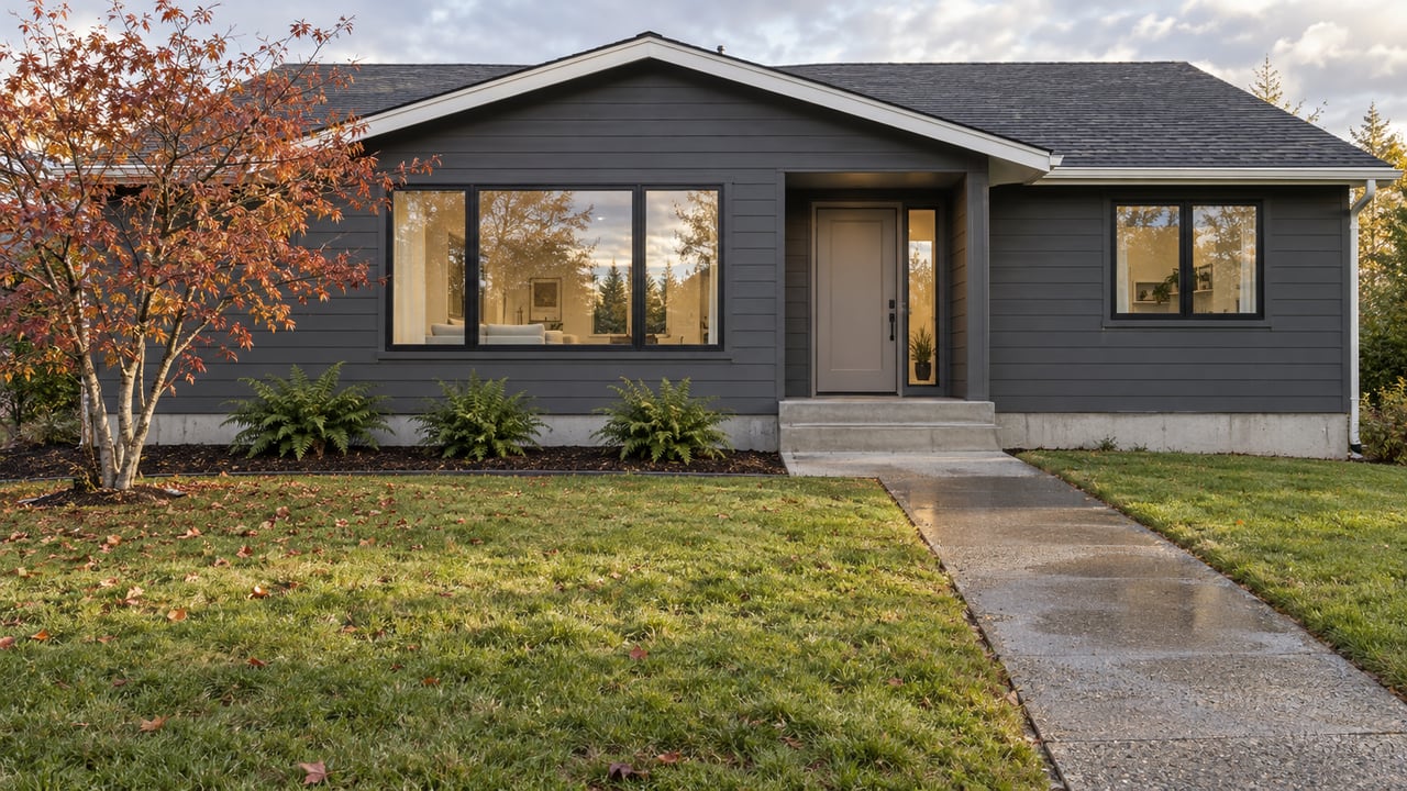 Updated gray gabled home behind a deep autumn lawn, with black-framed windows, a copper-leaved vine maple and a concrete entry walk.
