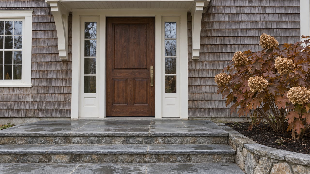Weathered cedar-shingle home entry with a dark oak door, glazed sidelights, bluestone steps and an oakleaf hydrangea in late autumn.