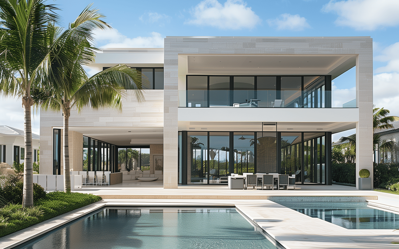 Modern glass-fronted home with a swimming pool, palm trees, and tropical landscaping.