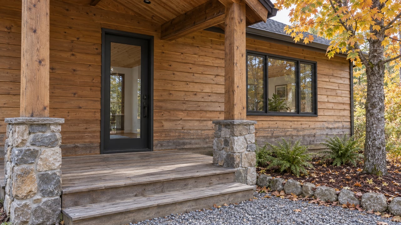 Weathered wood porch with fieldstone supports, black-framed glazing and copper-yellow maple leaves beside a woodland home.
