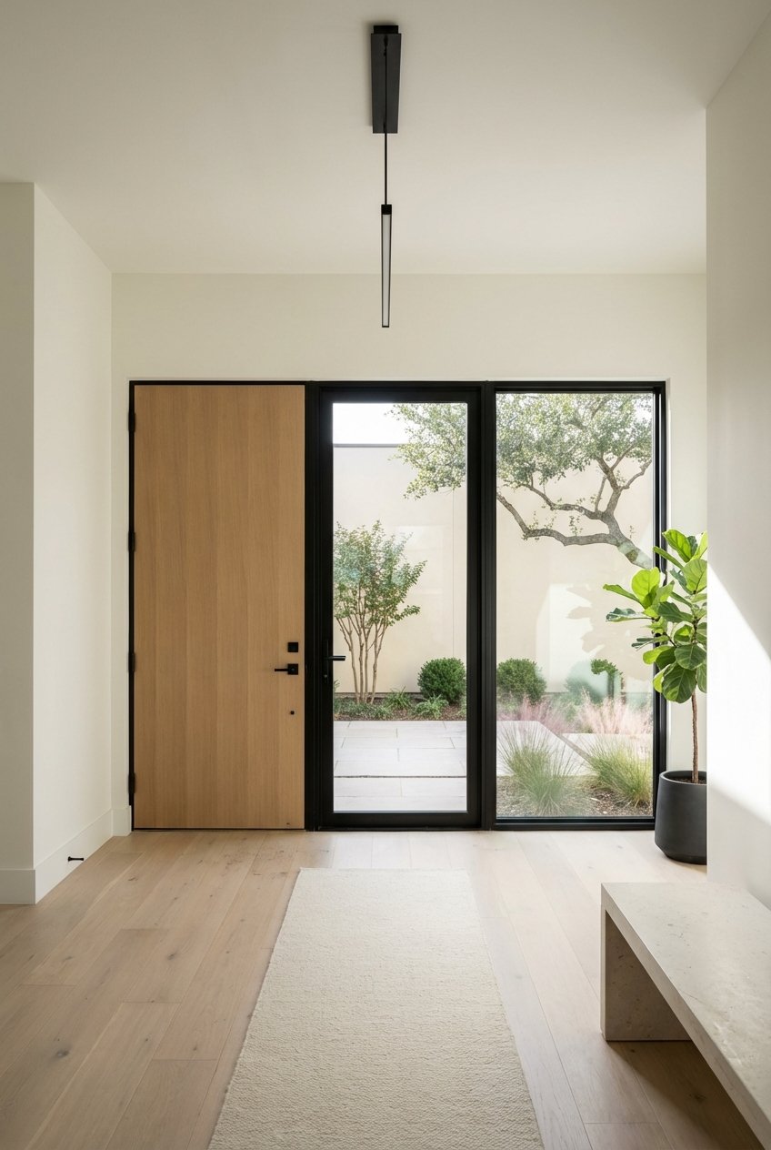 White-oak pivot door beside a black steel-framed glass opening to a limestone courtyard with a live oak.