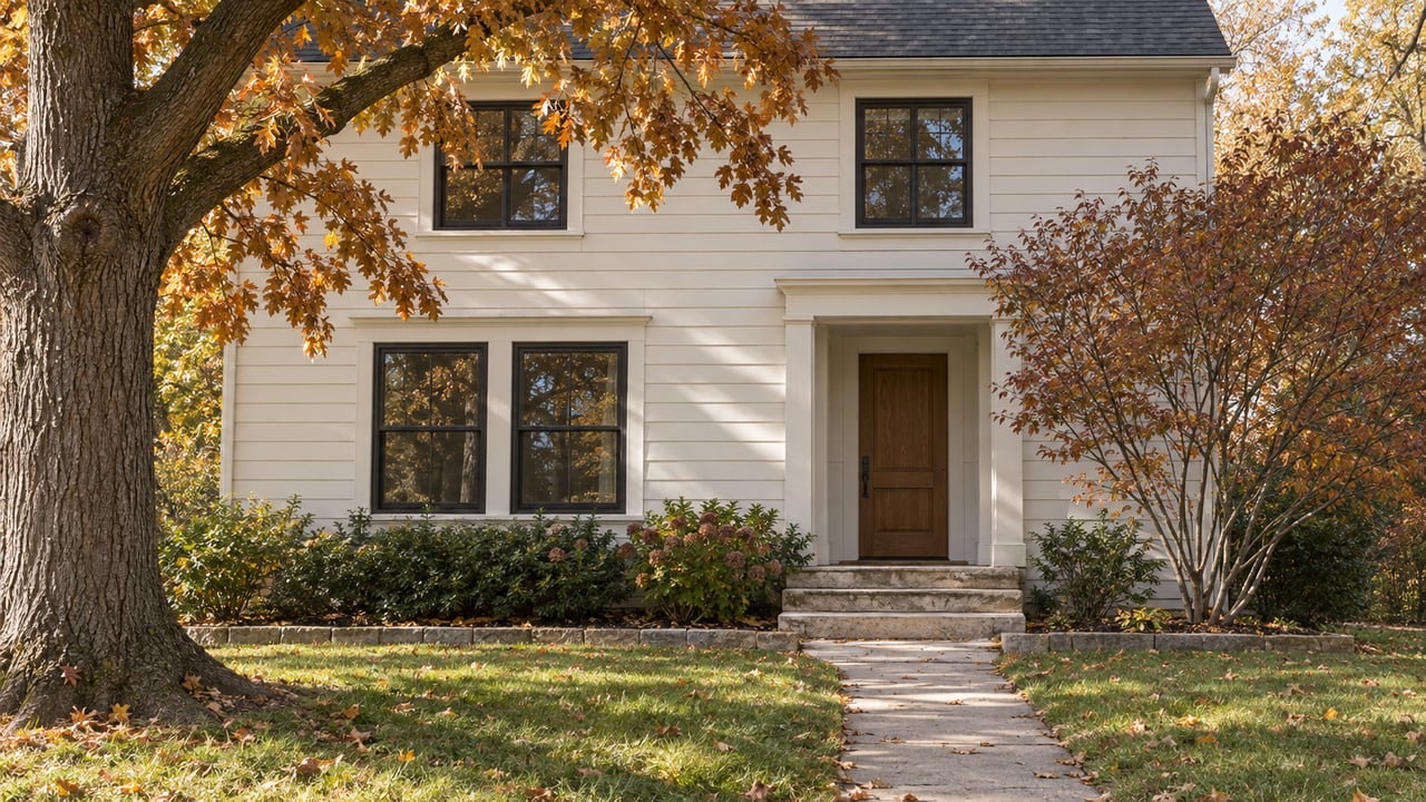 Cream clapboard house with charcoal roof, limestone steps, and a broad oak with copper-brown leaves.