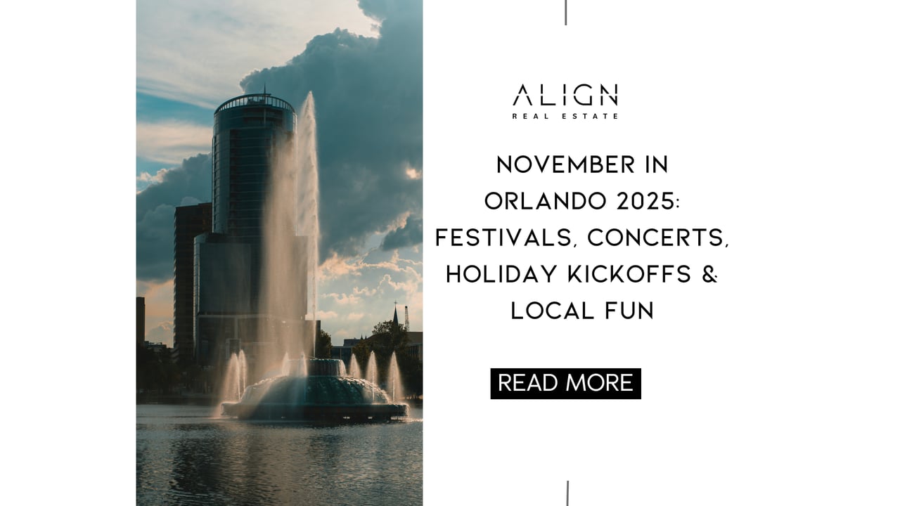 A vibrant evening skyline of Downtown Orlando with lights reflecting on Lake Eola during fall.