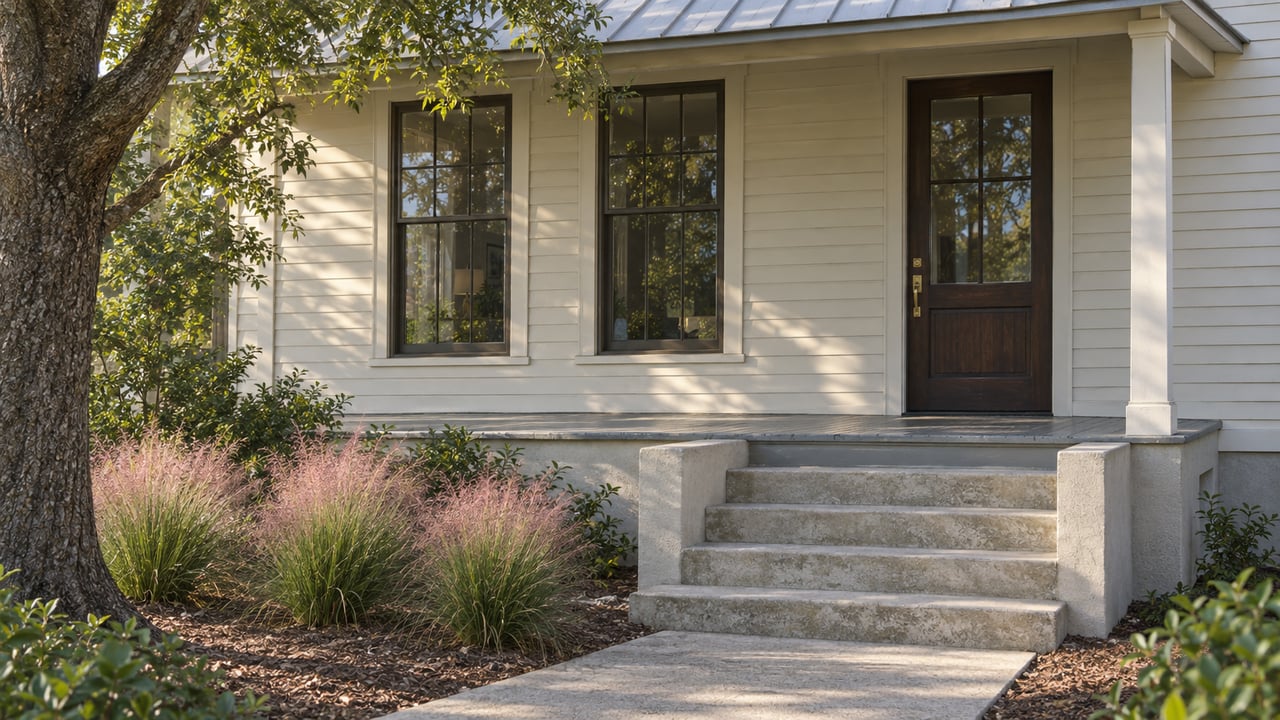 Cream clapboard cottage with a shaded raised porch, concrete entry steps and pink muhly beside a live oak.