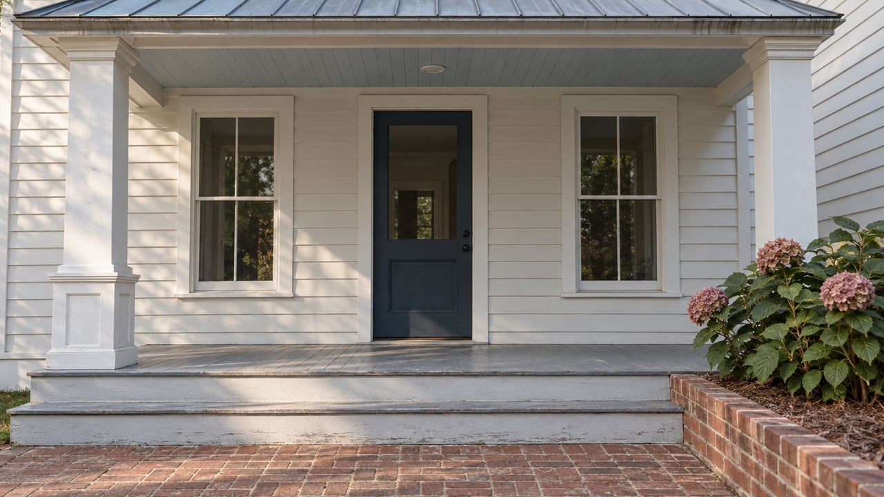 Raised cottage porch with pale siding, a navy glazed entry door, paired windows, weathered steps and a flowering hydrangea beside a brick approach.