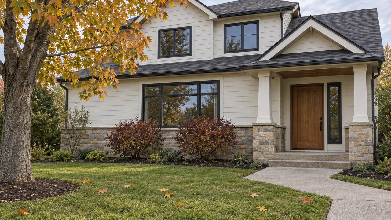 Gabled house with pale lap siding, buff stone base and a covered oak-door entry beyond an autumn lawn and mature maple.