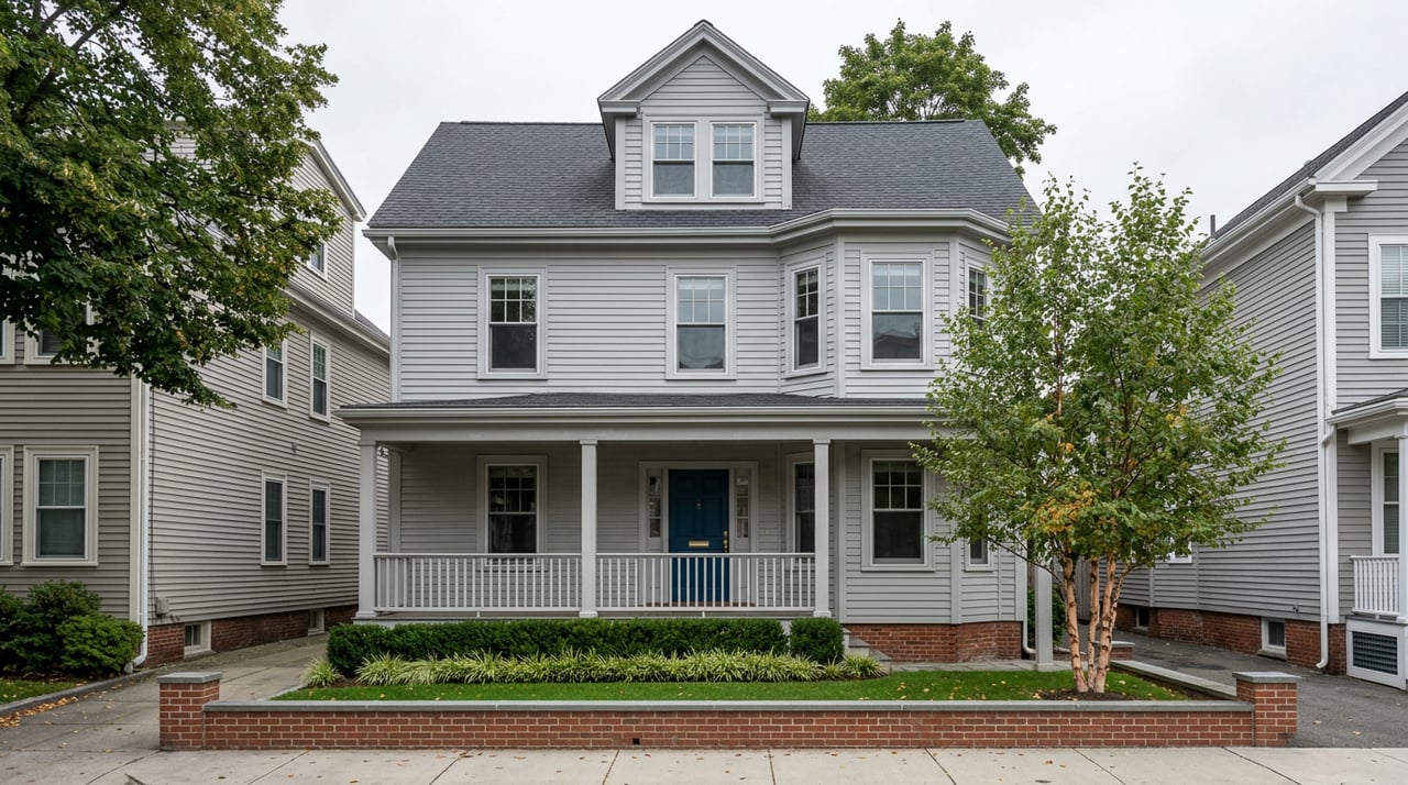 Three-story gray wood-frame apartment building with blue entry door, porches, bay window, birch tree, and brick garden wall.
