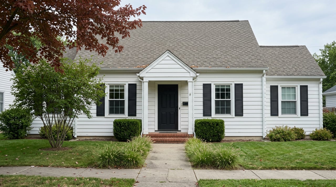 White two-story colonial house with black shutters and door, red brick stoop, and a serviceberry beside the walkway.