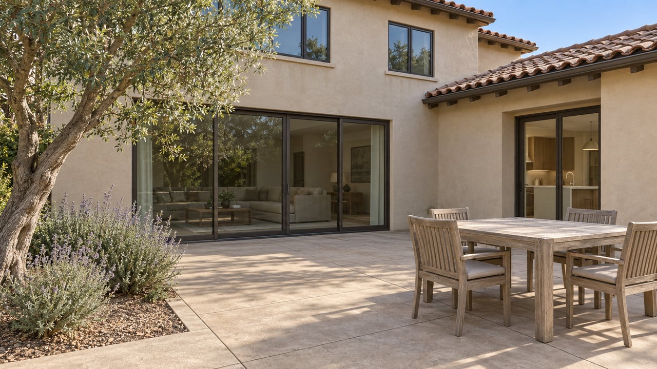 Morning light on a clay-tile-roofed stucco home, with a broad concrete terrace, teak dining set and a mature olive tree.