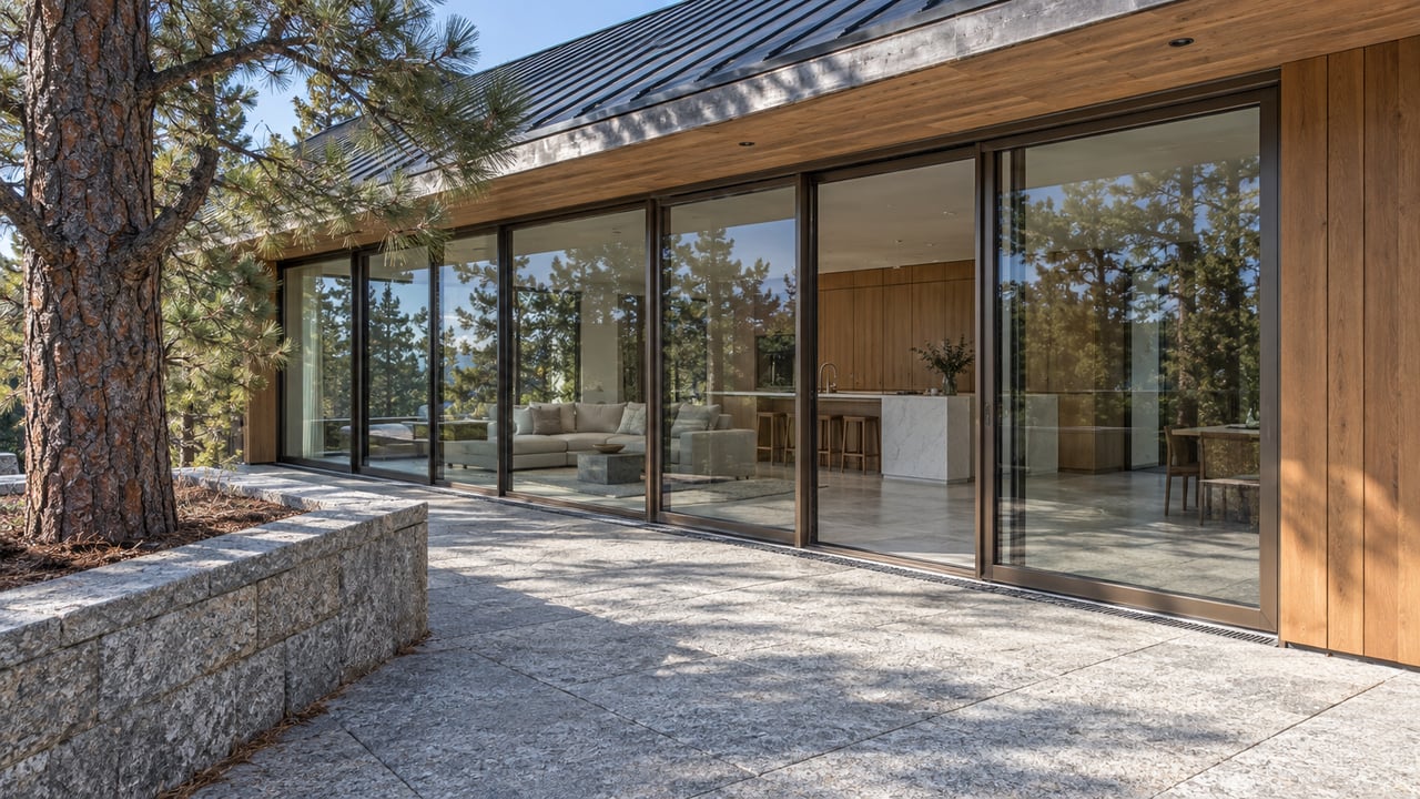 A contemporary home's glazed living-room corner opens visually onto a pale granite terrace beside a mature pine and stone planter.