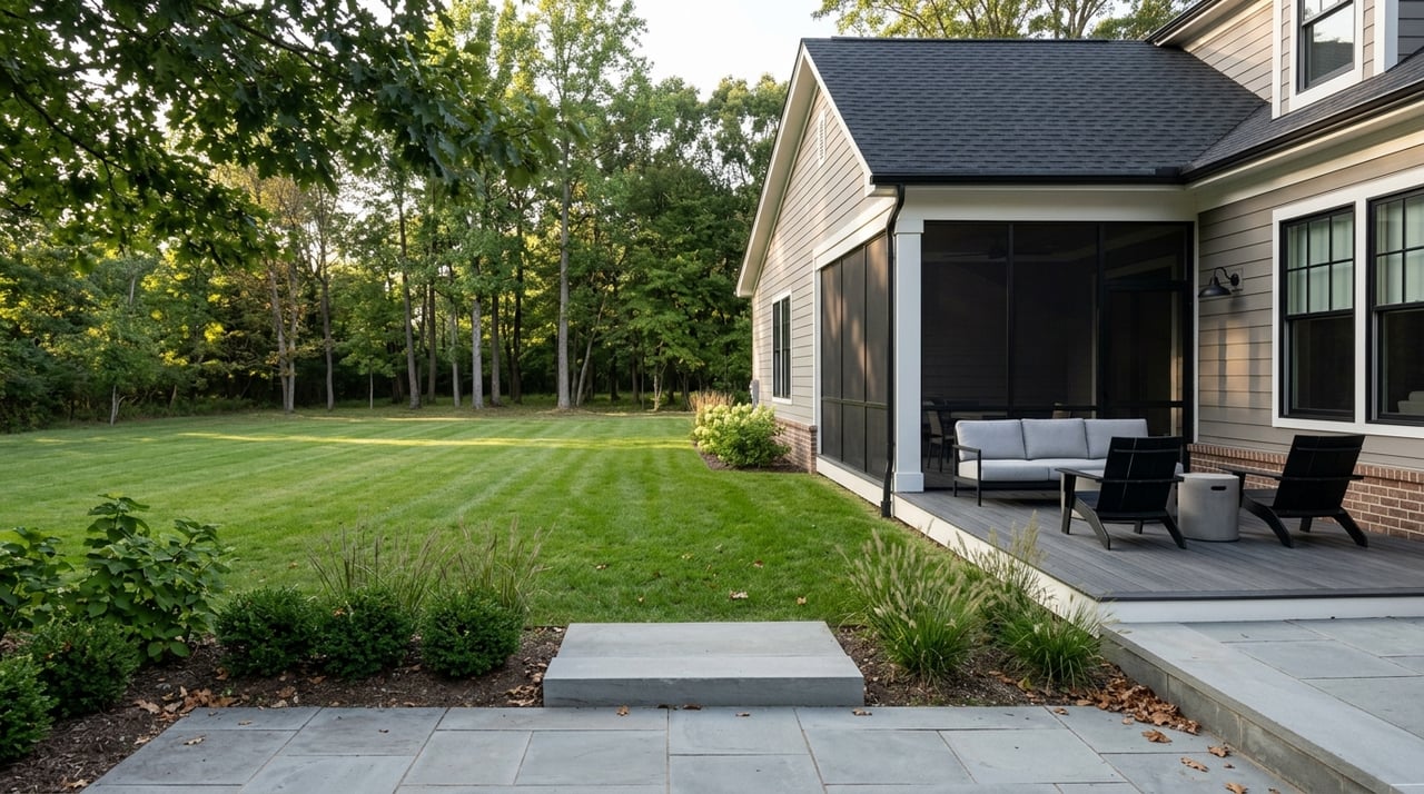 Screened porch and bluestone patio beside a deep lawn, backed by a mixed hardwood tree line.
