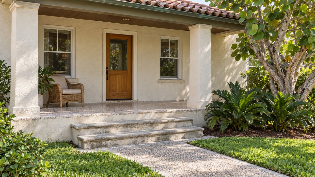 A cared-for stucco bungalow porch with a timber door, terrazzo floor, terracotta roof and sea grape beside the front steps.