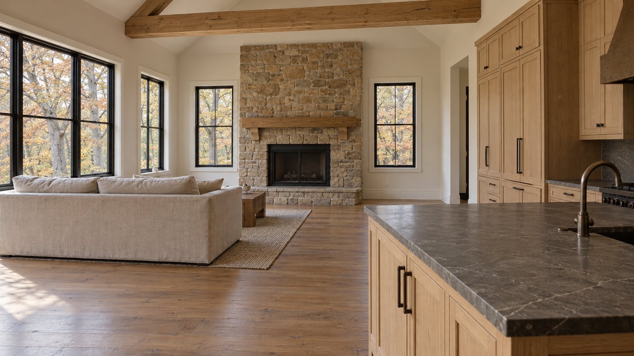Light oak kitchen opening into a vaulted living room with a sandstone fireplace and autumn hardwoods visible through closed black-framed windows.