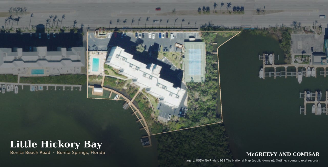 Little Hickory Bay condominium, 4835 Bonita Beach Road, Bonita Springs, Florida, aerial outlined from county parcel records
