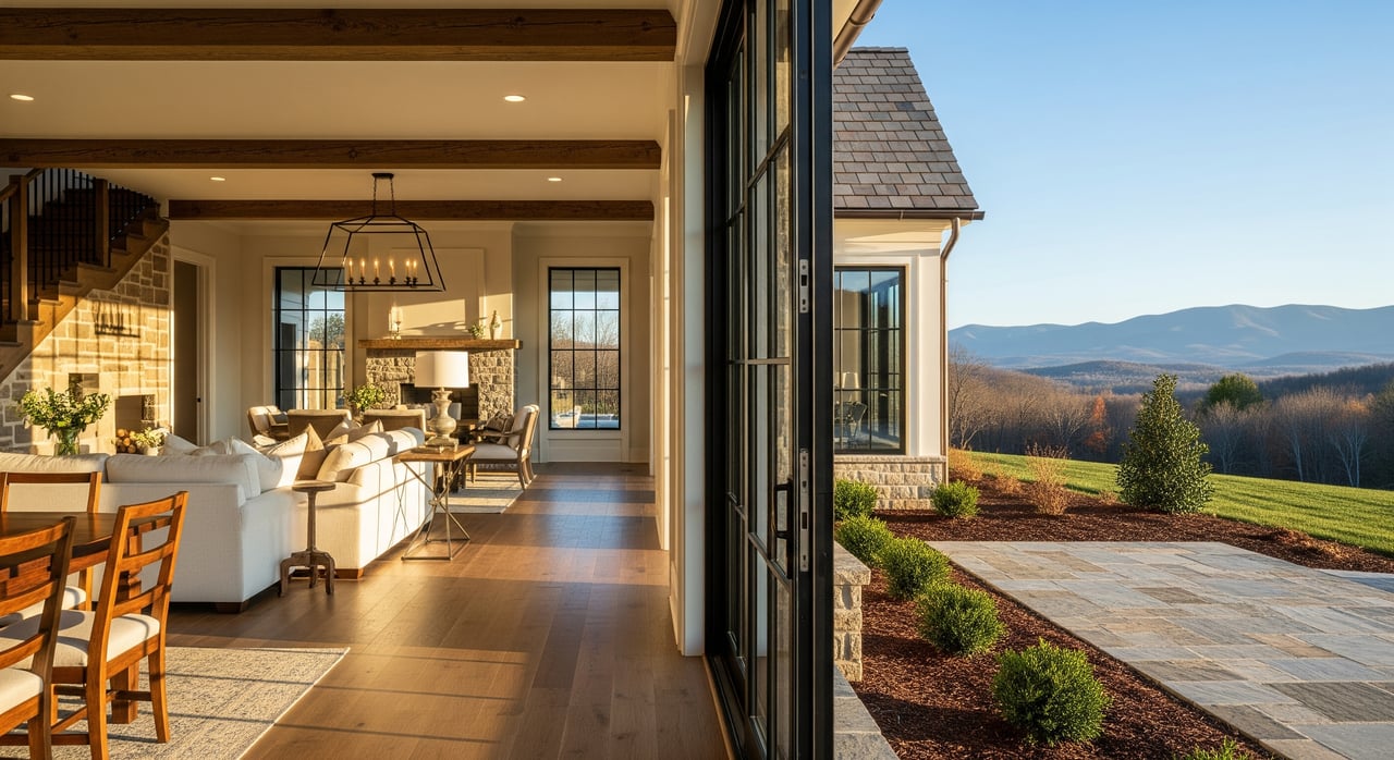 Open glass doors reveal a sunlit living room beside a stone patio overlooking wooded hills.
