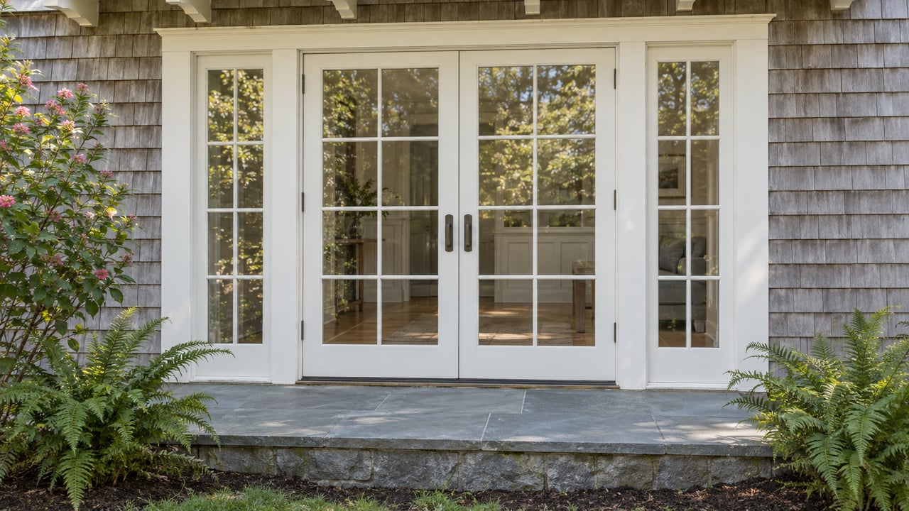 Closed French doors with narrow sidelights in a shingled cottage facade, above a bluestone landing edged with ferns.