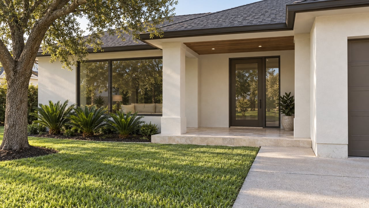 Low-angle view of an ivory stucco home with a covered limestone entry, bronze-framed glazing and a green lawn beneath a spreading live oak.